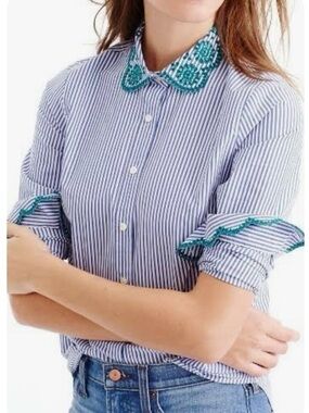 JCrew Stripe Perfect Shirt with Eyelet Trim 💙🩵💚
